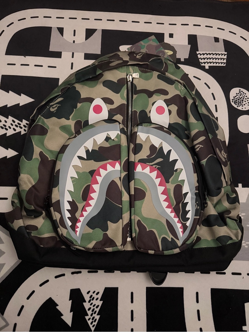 BAPE A Bathing Ape Camo Shark Daypack Backpack Green Camouflage NWT 18L